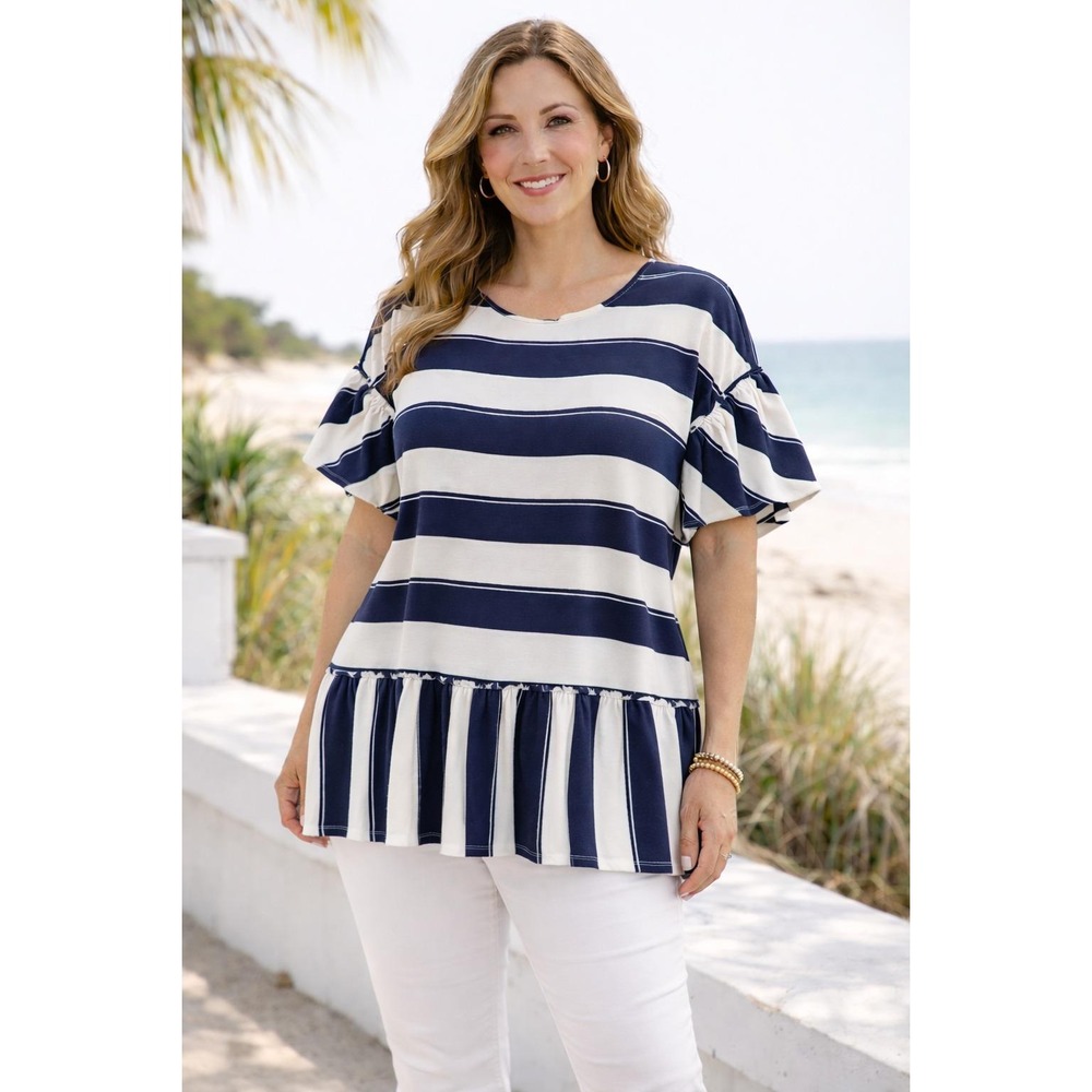 Entro Navy Striped Peplum Top M Coastal Nautical Ruffle Tunic Boxy Beach Boho